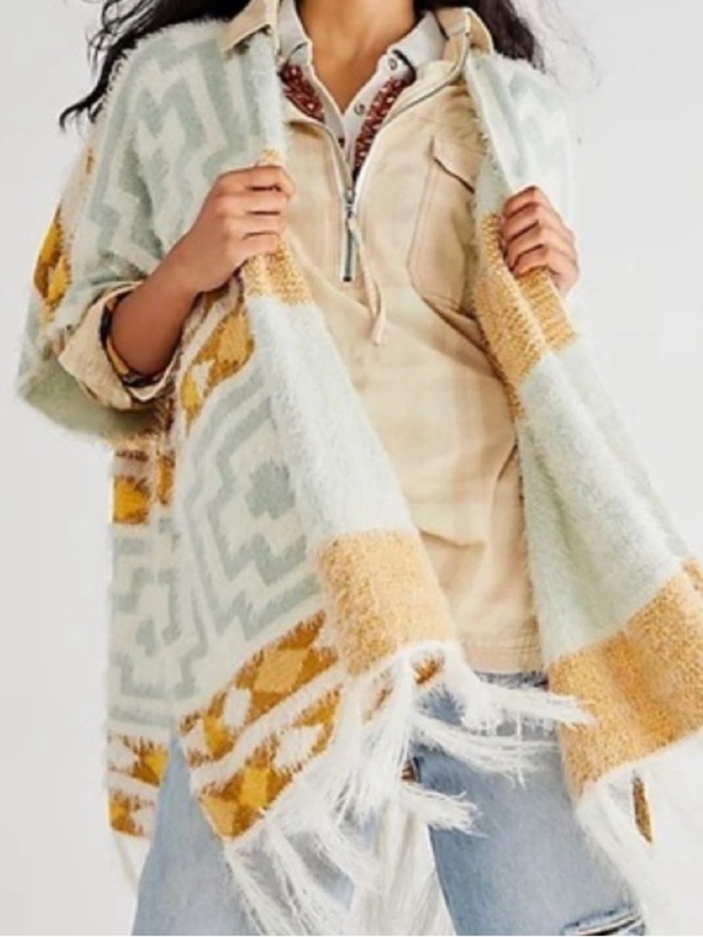 Free People Mint and Mustard Geometric Fringe Throw